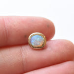 Close-up of a single matte opal gold stud earring showcasing a luminous opal set in a solid gold bezel with a smooth matte finish, displayed on a clean white background