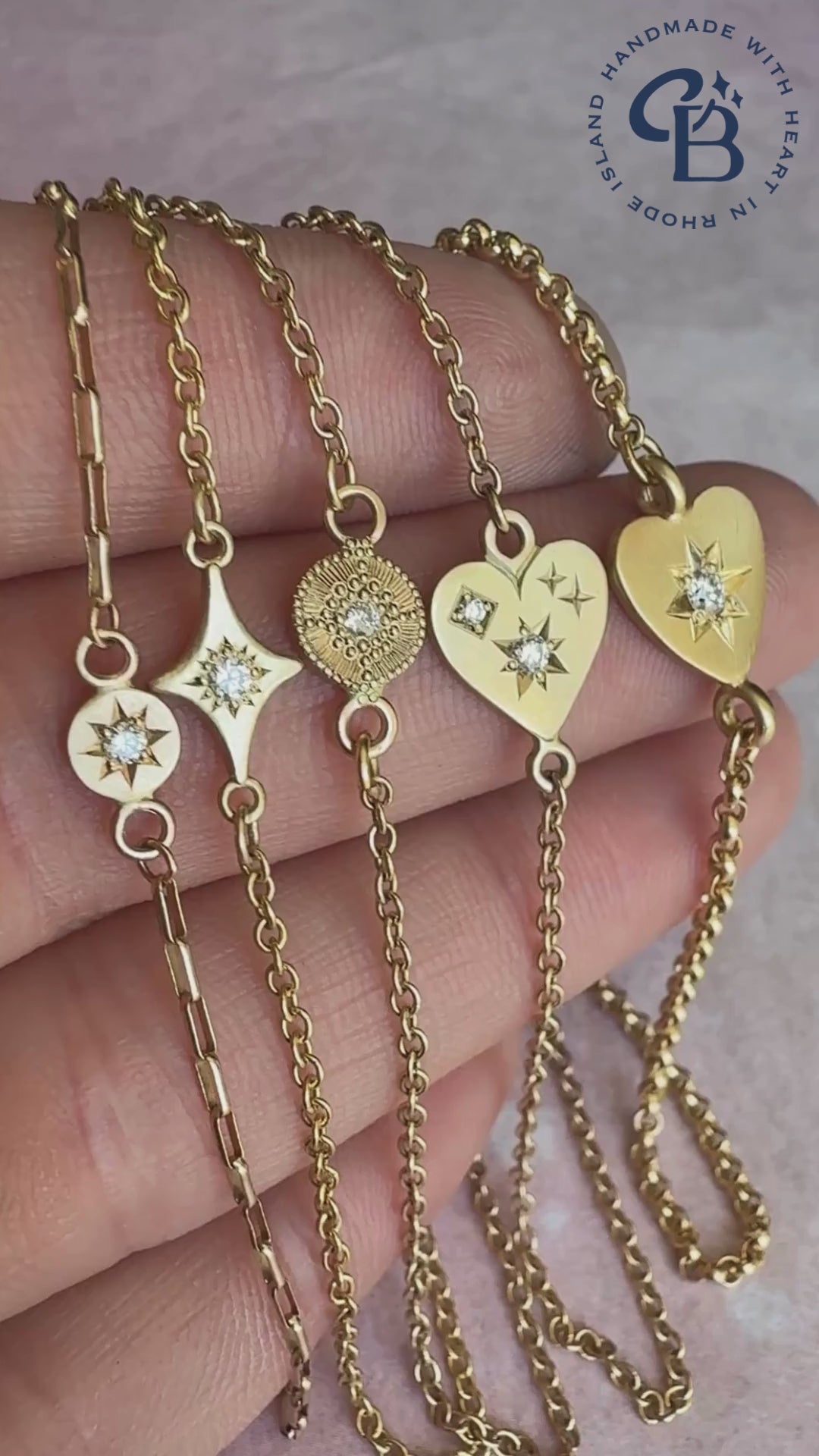 A video of five hand engraved recycled gold bracelets from Corkie Bolton Jewelry to compare the size and show off the diamonds and brightcuts.