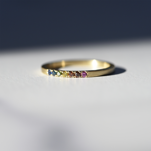 18k yellow gold rainbow pave ring by Corkie Bolton local Rhode Island Jeweler.