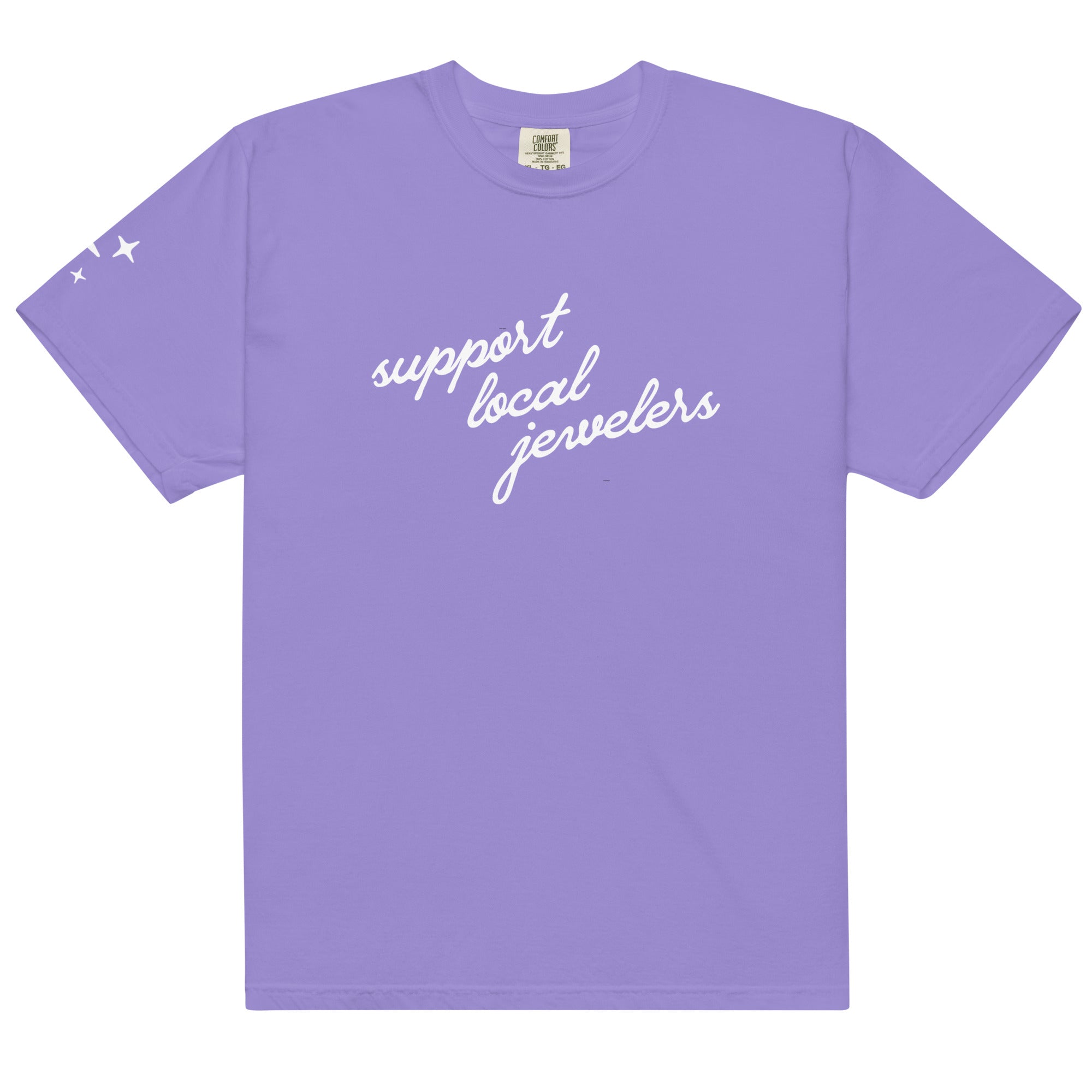 A blue fisherman beanie with gold thread embroidery of sparkles and additional charms.