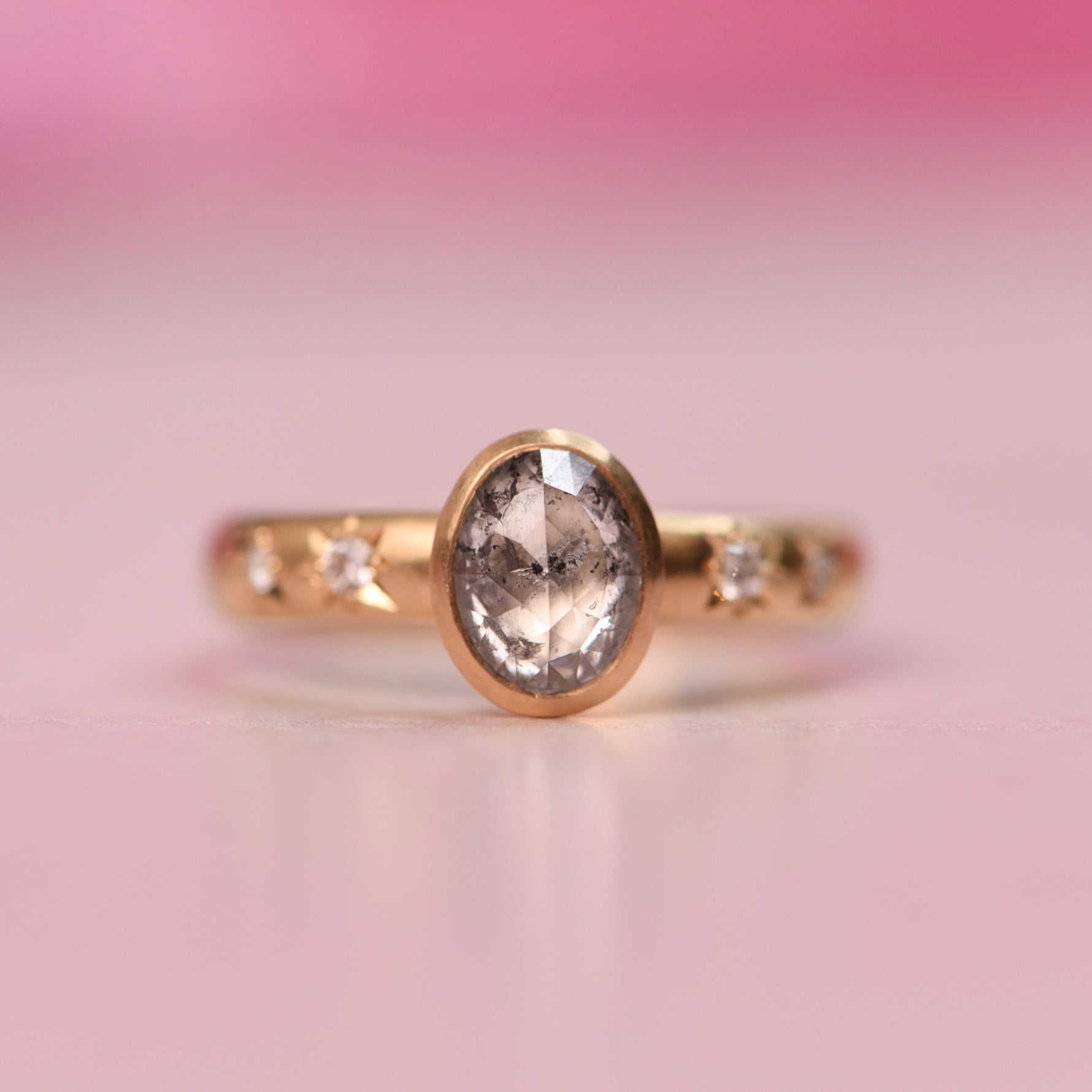 18k yellow gold engagement ring featuring a 1.10ct oval salt and pepper rose cut diamond responsibly sourced from Canada