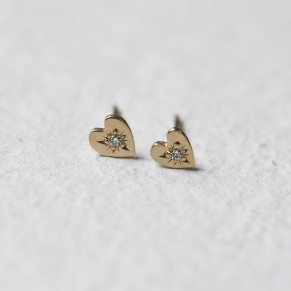HEART SHAPED HAND ENGRAVED 14K GOLD AND DIAMOND STUDS BY CORKIE BOLTON JEWELRY