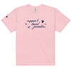 Light pink, short-sleeve T-shirt with a navy blue design on the front. The design features the phrase "support local jewelers" in cursive font, surrounded by small star-like shapes and a heart with a sparkle inside. There is also a small star detail on the left sleeve.