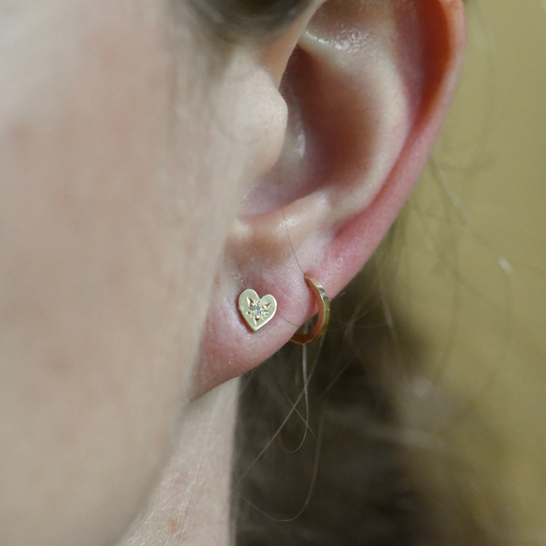 HEART SHAPED HAND ENGRAVED 14K GOLD AND DIAMOND STUDS BY CORKIE BOLTON JEWELRY