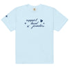 Light blue, short-sleeve T-shirt with a navy blue design on the front. The design features the phrase "support local jewelers" in cursive font, surrounded by small star-like shapes and a heart with a sparkle inside. A small star detail is also present on the left sleeve.