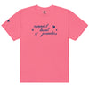 Deep Pink (Crunchberry), short-sleeve T-shirt with a navy blue design on the front. The design includes the phrase "support local jewelers" in cursive font, accompanied by small star-like shapes and a heart with a sparkle inside. A small star detail is featured on the left sleeve.