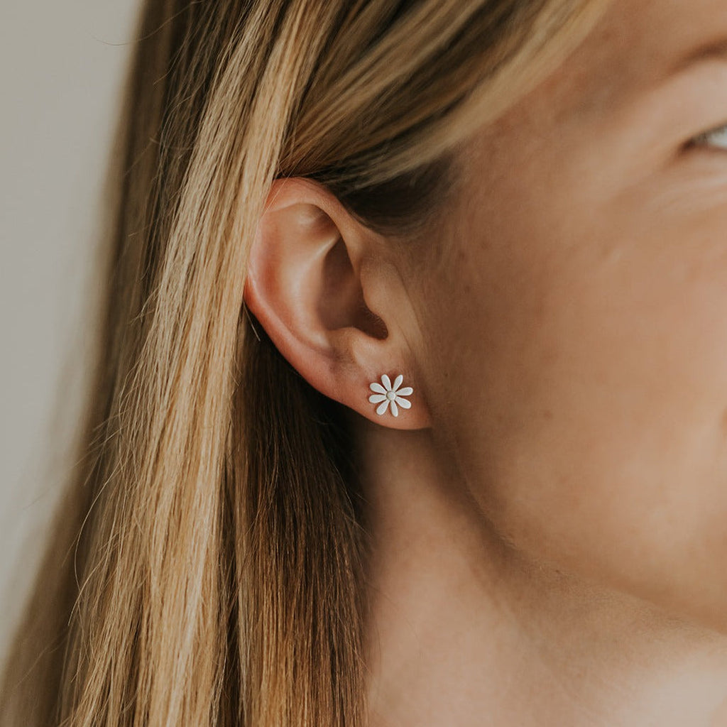 Sterling silver flower studs handcrafted in Rhode Island by local jeweler Corkie Bolton