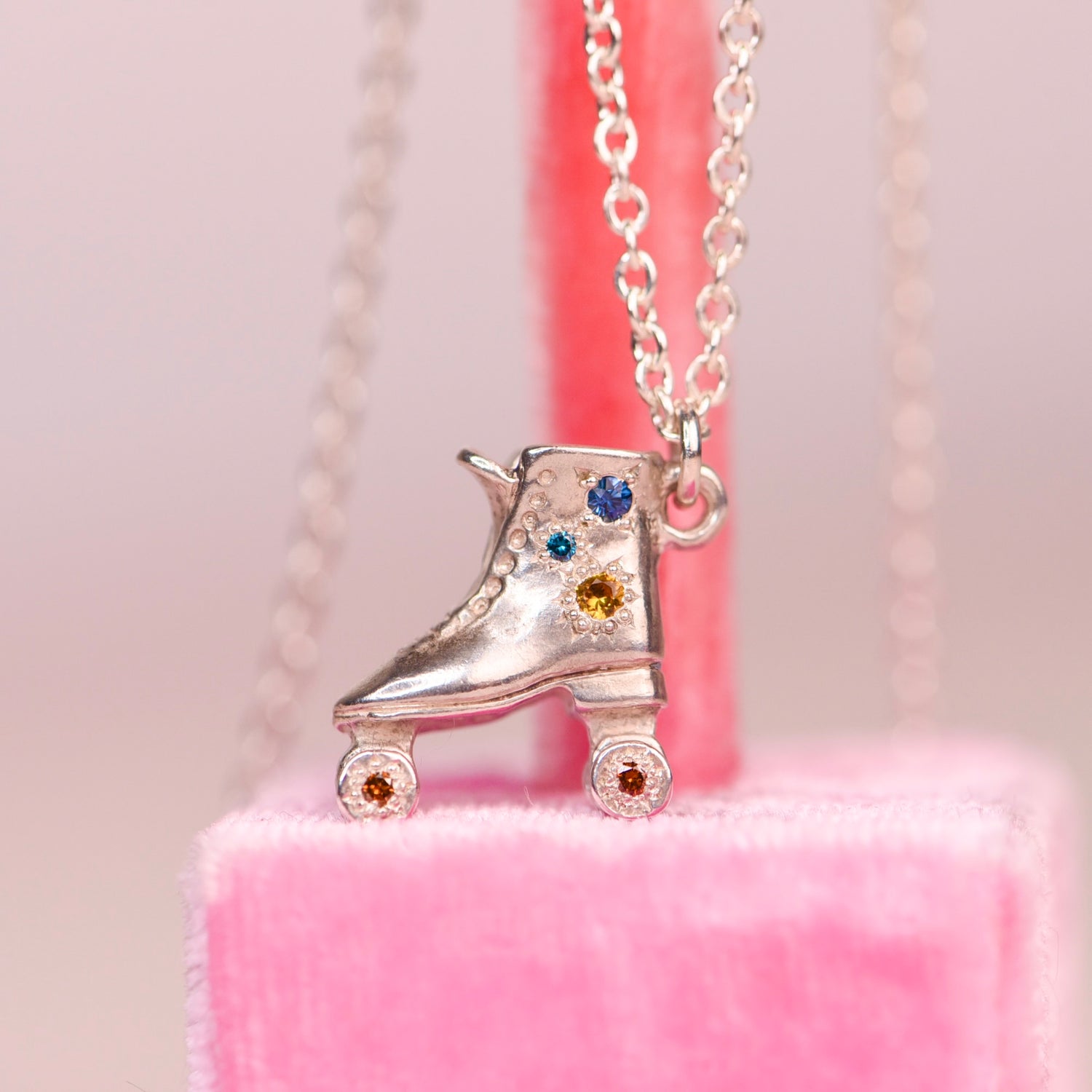 Vintage Roller Skate Sapphire + Diamond Charm Necklace