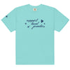 Lagoon Blue, turquoise, short-sleeve T-shirt with a navy blue design on the front. The design includes the phrase "support local jewelers" in cursive font, accompanied by small star-like shapes and a heart with a sparkle inside. A small star detail is featured on the left sleeve.