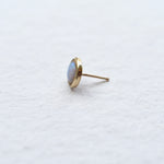 Side view of the matte opal gold stud earring, highlighting the delicate craftsmanship of the gold setting and the subtle iridescence of the opal