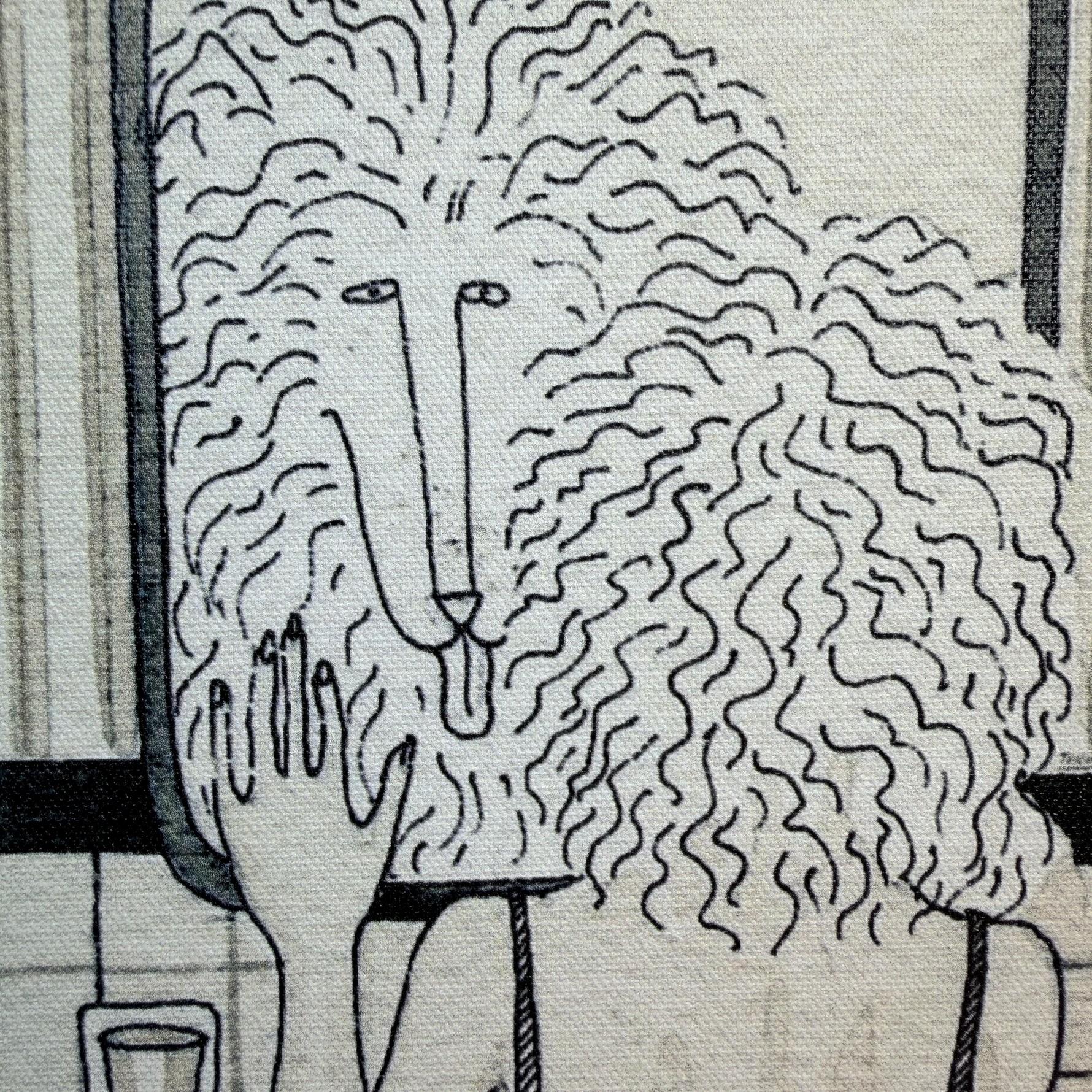 Close up of a drawing of a woman looking in bathroom mirror and seeing a dog face looking back.