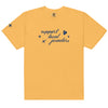 Yellow (Mustard), short-sleeve T-shirt with a navy blue design on the front. The design includes the phrase "support local jewelers" in cursive font, accompanied by small star-like shapes and a heart with a sparkle inside. A small star detail is featured on the left sleeve.