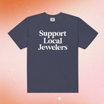 Navy blue t-shirt with 'Support Local Jewelers' text on a gradient background