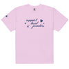 Light purple (orchid), short-sleeve T-shirt with a navy blue design on the front. The design includes the phrase "support local jewelers" in cursive font, accompanied by small star-like shapes and a heart with a sparkle inside. A small star detail is featured on the left sleeve.