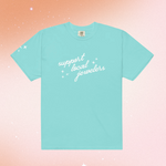Light teal t-shirt with 'support local jewelers' text printed in white on the chest along with sparkle graphics.