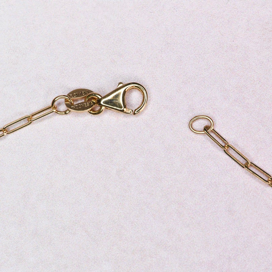 Gold chain with clasp on a light pink background