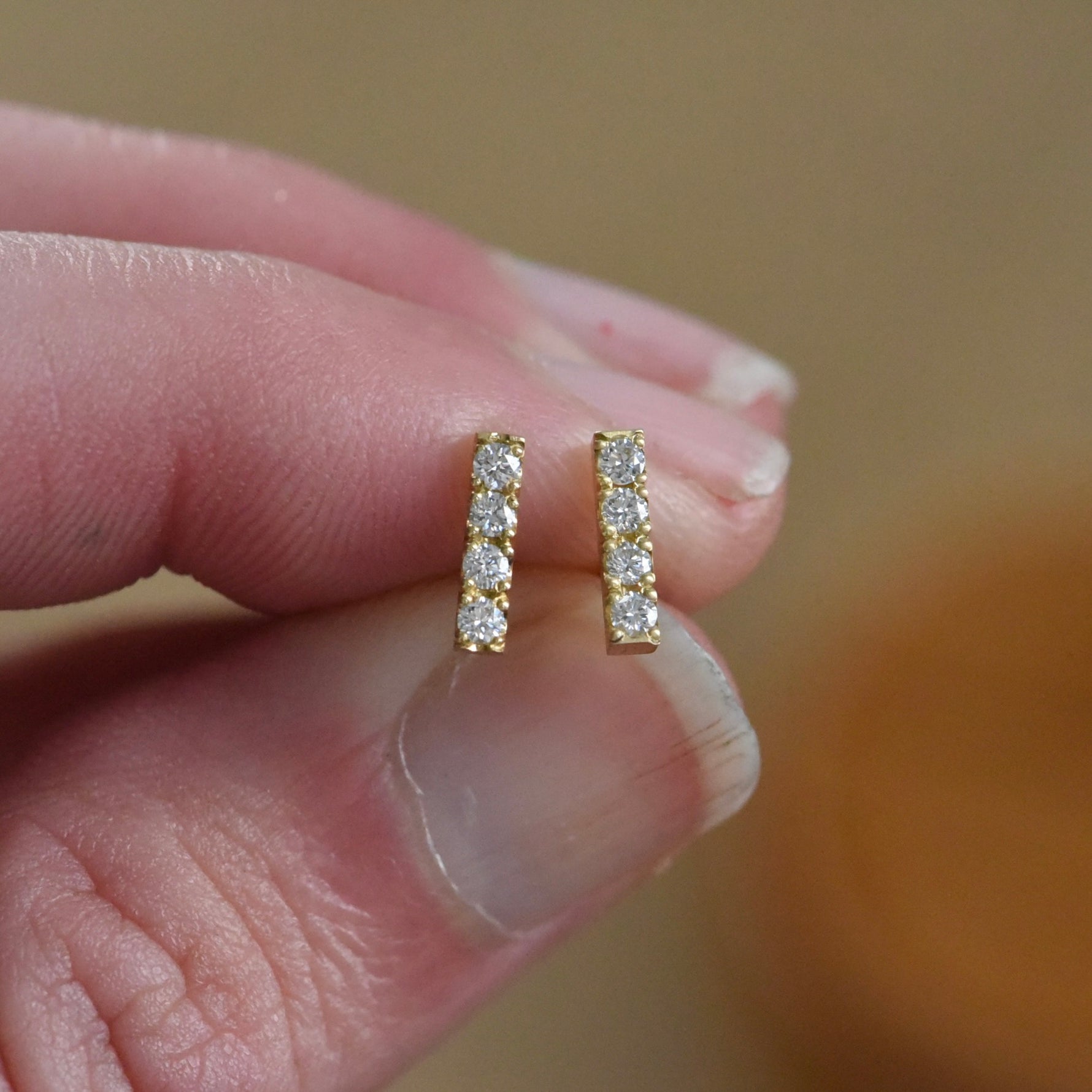 Hand Engraved Diamond Bar Studs in 18K by Corkie Bolton Jewelry