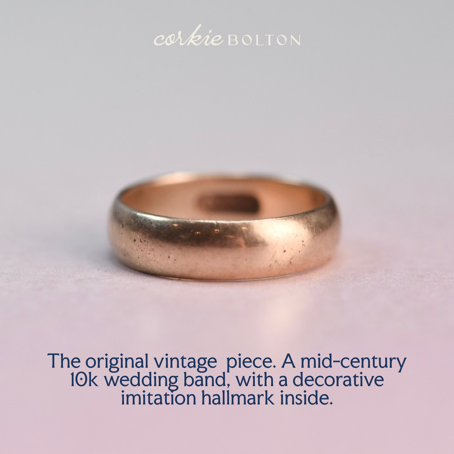The original mid-century 10k yellow gold wedding band before its Reborn Vintage transformation, shown with text describing the restoration process.