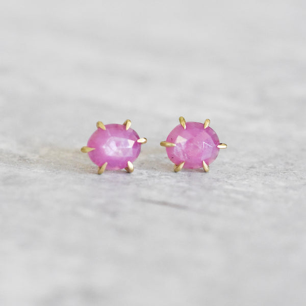 Pink sapphire stud earrings in 18k yellow gold by Corkie Bolton Jewelry
