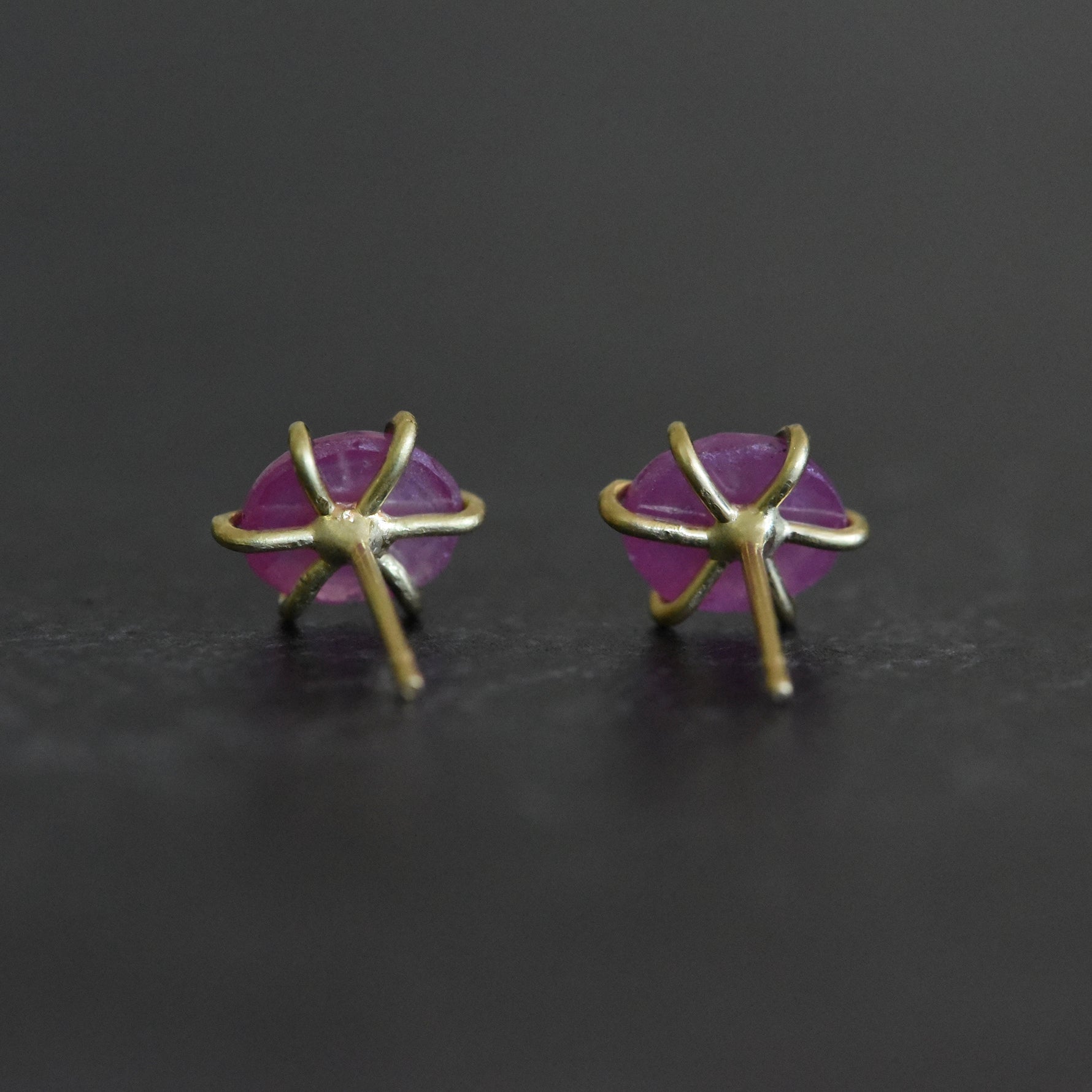 Backside of pink sapphire stud earrings in 18k yellow gold by Corkie Bolton Jewelry