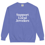 Support Local Jewelers sweatshirt in Flo Blue — a vintage-inspired deep blue Comfort Colors crewneck with a soft, broken-in feel and unisex fit, by Corkie Bolton Jewelry.