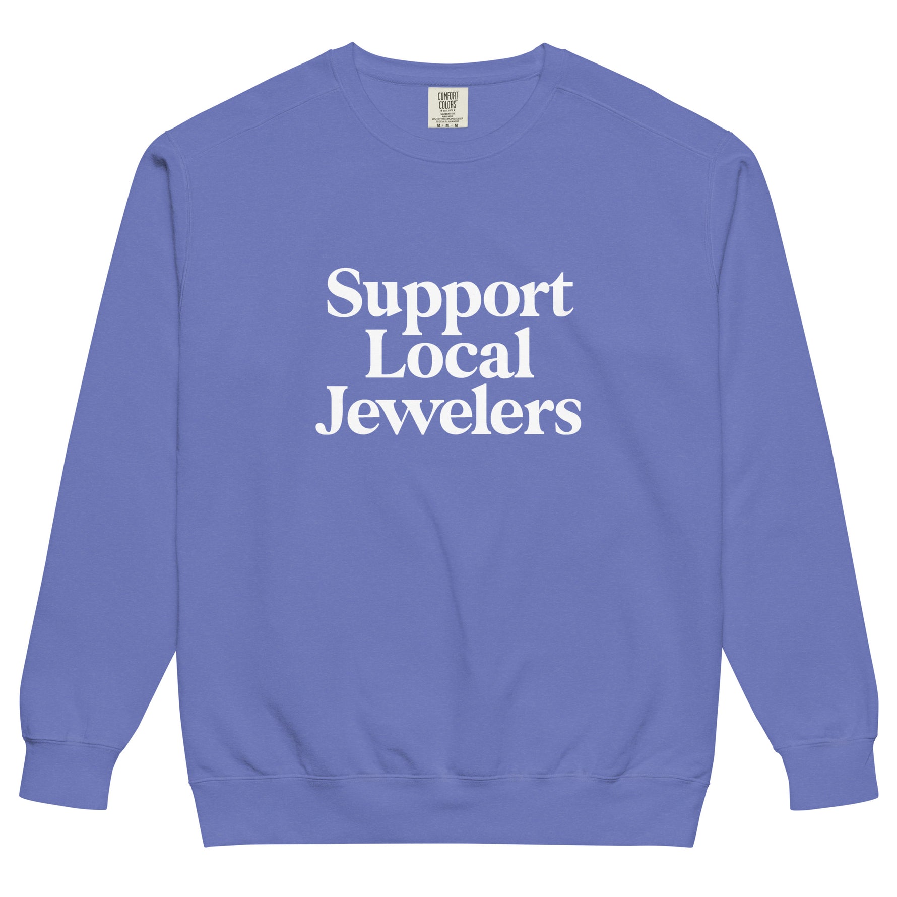 Support Local Jewelers sweatshirt in Flo Blue — a vintage-inspired deep blue Comfort Colors crewneck with a soft, broken-in feel and unisex fit, by Corkie Bolton Jewelry.