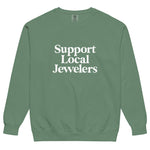 Support Local Jewelers sweatshirt in Light Green — a soft pastel green Comfort Colors crewneck with a vintage-inspired finish and relaxed unisex fit, by Corkie Bolton Jewelry.