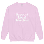 Support Local Jewelers sweatshirt in Orchid — a soft, vintage-inspired purple Comfort Colors crewneck with a relaxed unisex fit, designed by Corkie Bolton Jewelry.