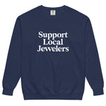 Support Local Jewelers sweatshirt in True Navy — a deep navy blue Comfort Colors crewneck with a vintage garment-dyed finish and relaxed fit, by Corkie Bolton Jewelry.