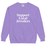 Product Support Local Jewelers sweatshirt in Violet — a rich purple garment-dyed crewneck with a relaxed unisex fit and vintage look, by Corkie Bolton Jewelry.