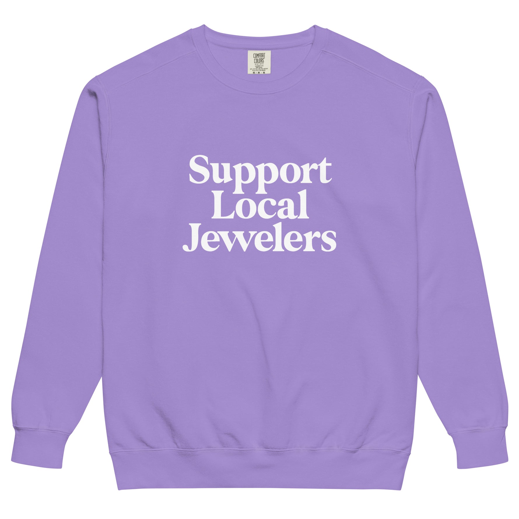 Product Support Local Jewelers sweatshirt in Violet — a rich purple garment-dyed crewneck with a relaxed unisex fit and vintage look, by Corkie Bolton Jewelry.
