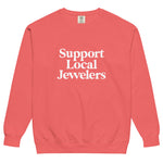 Support Local Jewelers sweatshirt in Watermelon — a bold, garment-dyed pinkish-red unisex crewneck with a relaxed vintage fit, by Corkie Bolton Jewelry.