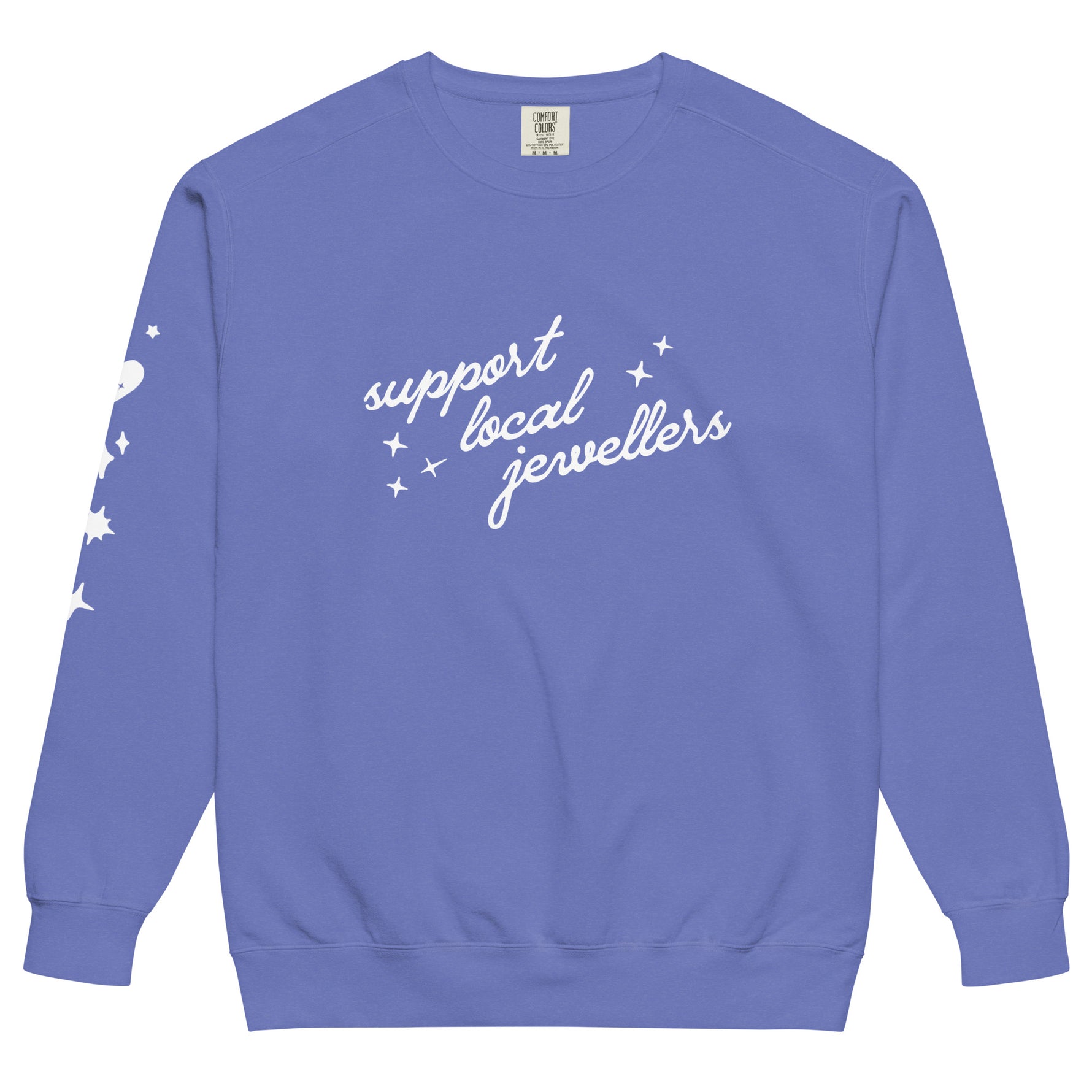 Support Local Jewellers Sparkle Edition sweatshirt in Flo Blue– cozy cotton blend with sparkle graphic
