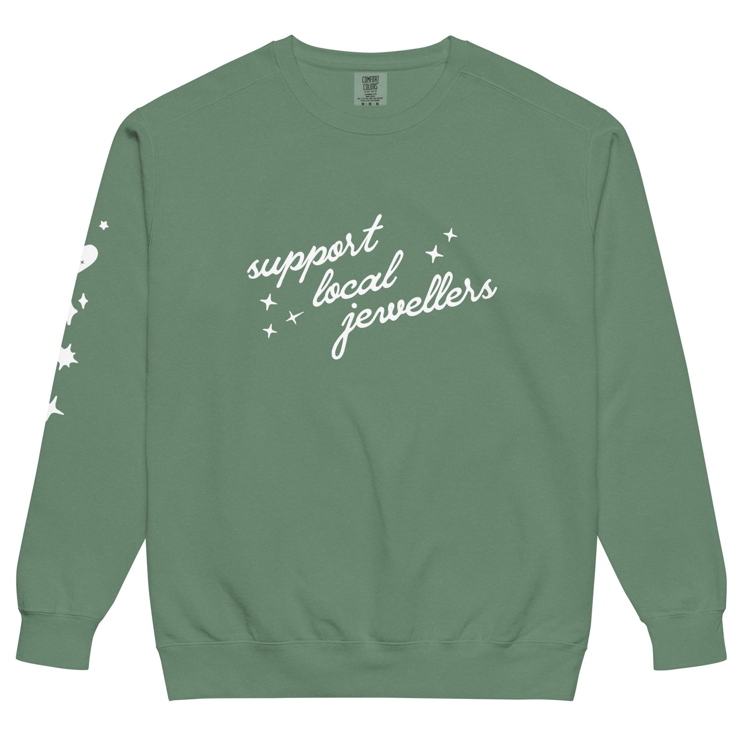 Support Local Jewellers Sparkle Edition sweatshirt in light green – cozy unisex fit with sparkle sleeve design