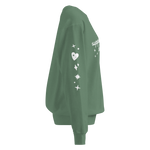 Side view of Support Local Jewellers Sparkle Edition sweatshirt in light green – cozy unisex fit with sparkle graphic