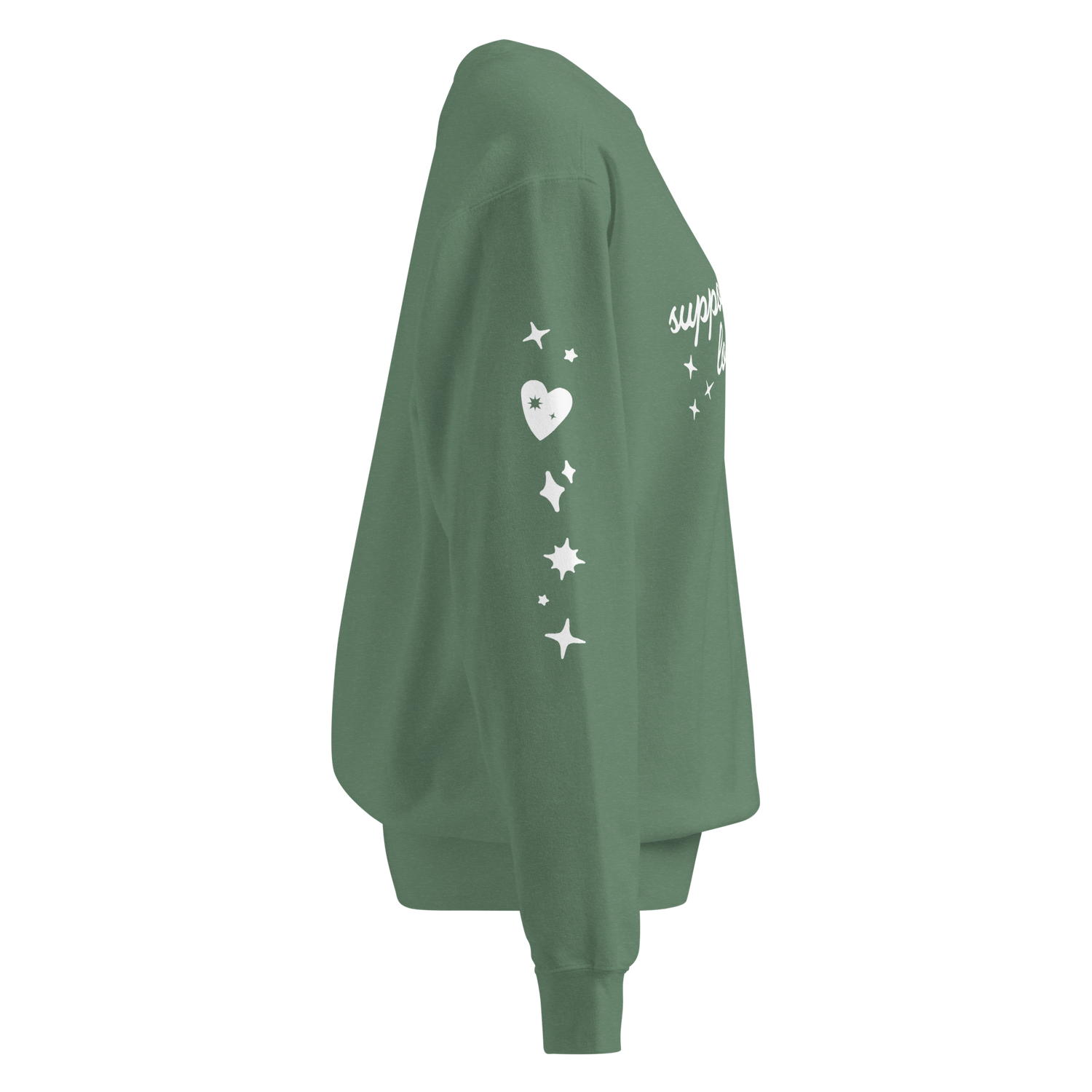 Side view of Support Local Jewellers Sparkle Edition sweatshirt in light green – cozy unisex fit with sparkle graphic