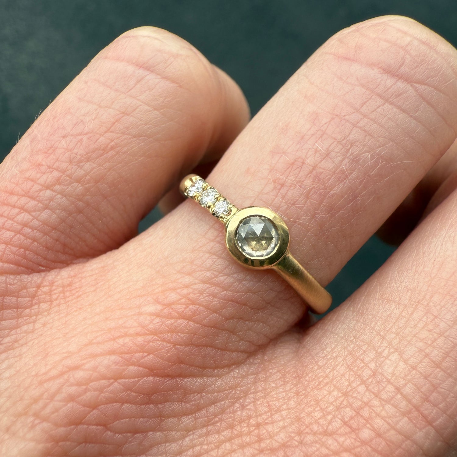 One-of-a-kind salt and pepper rose cut diamond ring in tapered 14k gold band, handmade by Corkie Bolton Jewelry, size 6.25