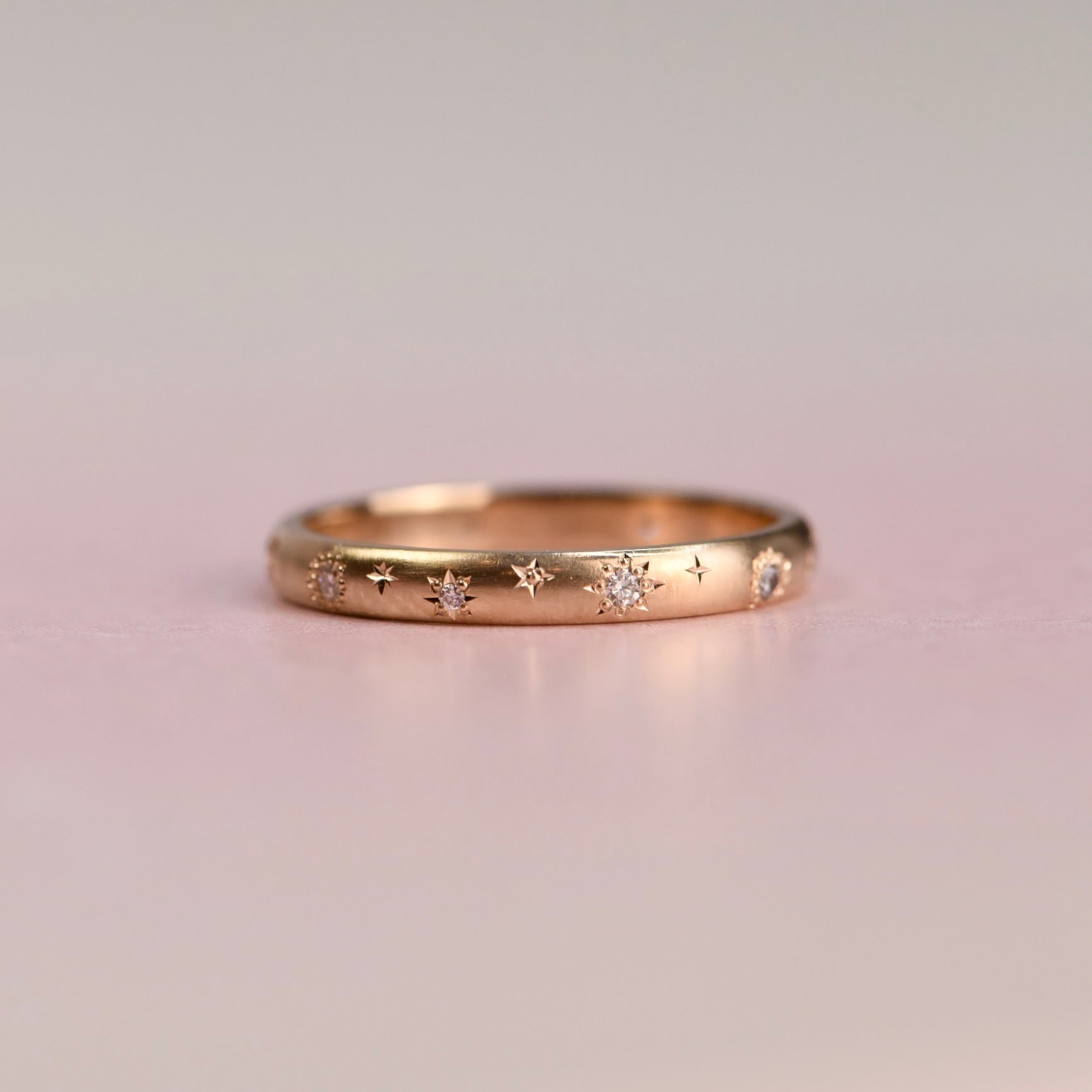 Vintage 14k gold Jabel ring reimagined by Corkie Bolton Jewelry as a celestial diamond band featuring star-set Canadian diamonds, size 8.25.