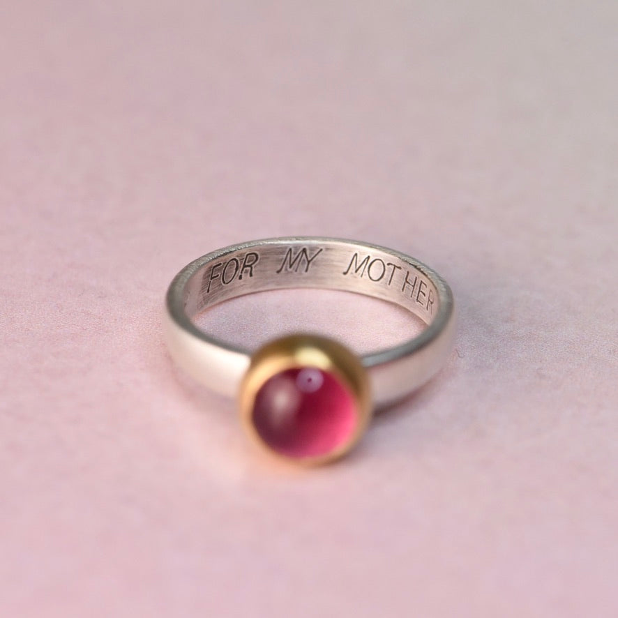 Interior engraving reading “for my mother” inside a vintage sterling silver ring, likely from the 1990s
