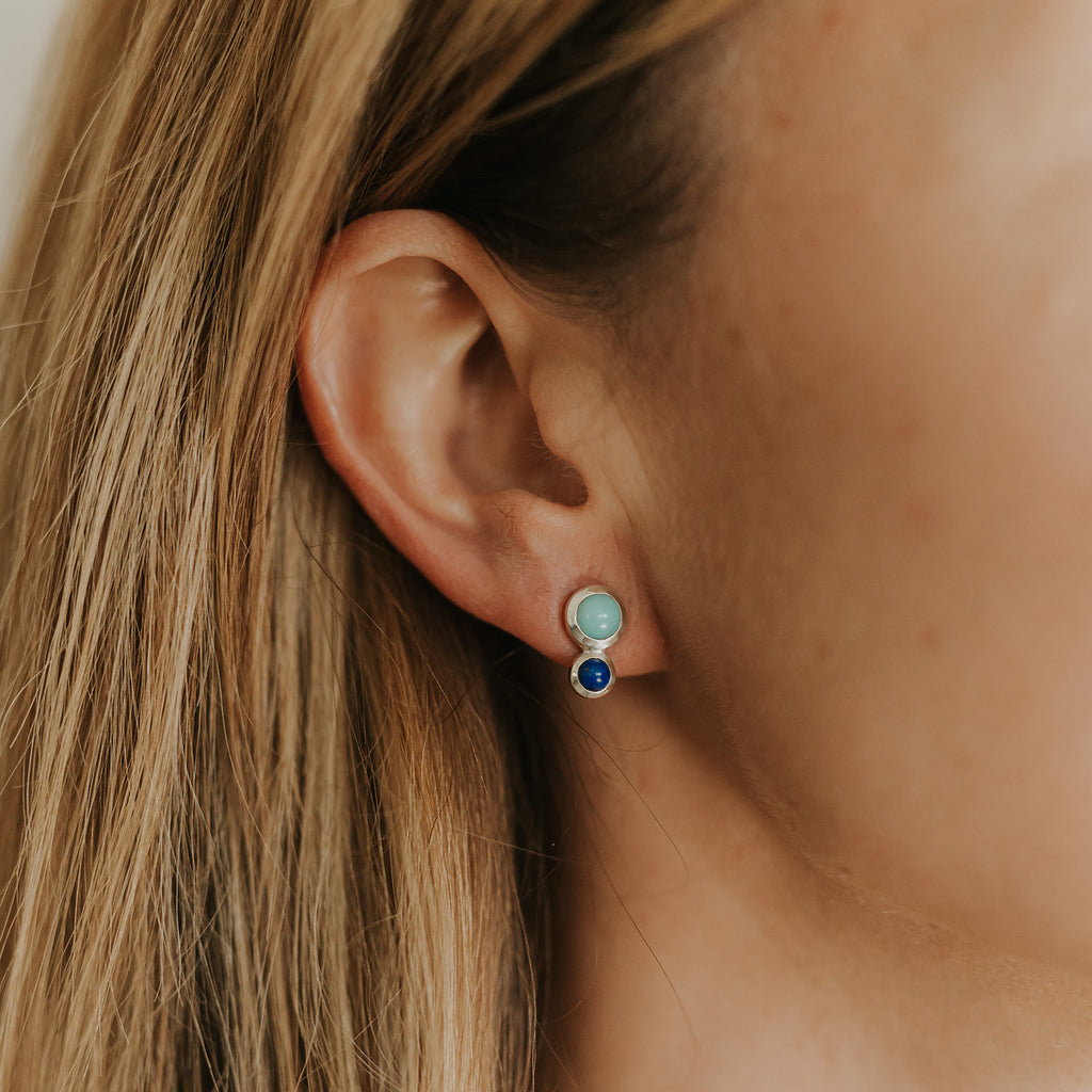Double Turquoise + Lapis Silver Stud Earrings By Corkie Bolton
